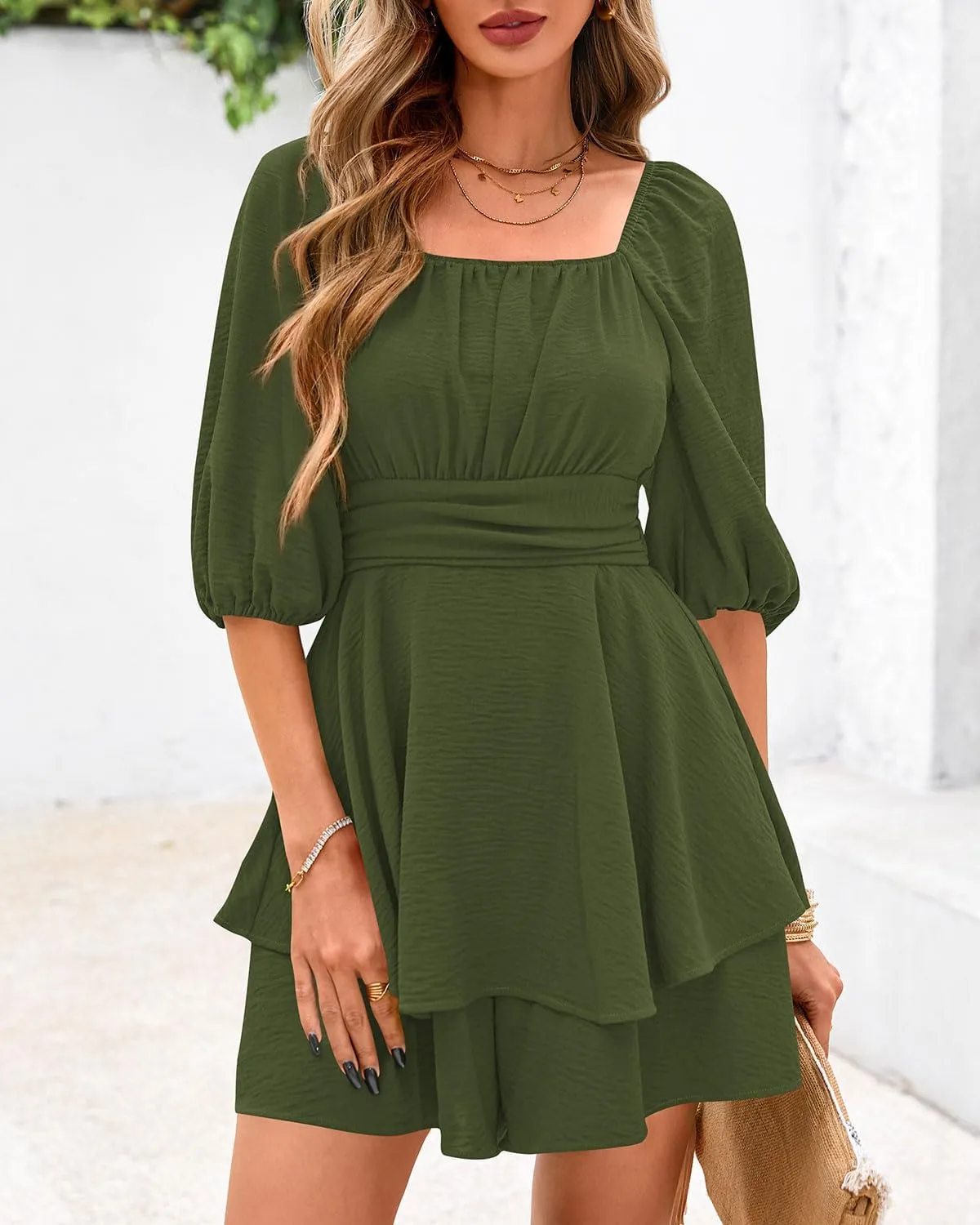 Zenlonr Women's Summer Romper 2025 Casual Puff Short Sleeve Ruffle Layer Tie Mini Short Jumpsuits Beach Party