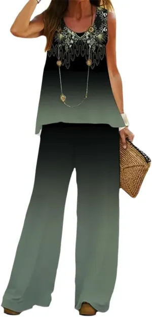 ZOCANIA Summer Cotton Linen 2 Piece Outfits Sets for Women Sleeveless Round Neck Tank Top and Long Pant Suits